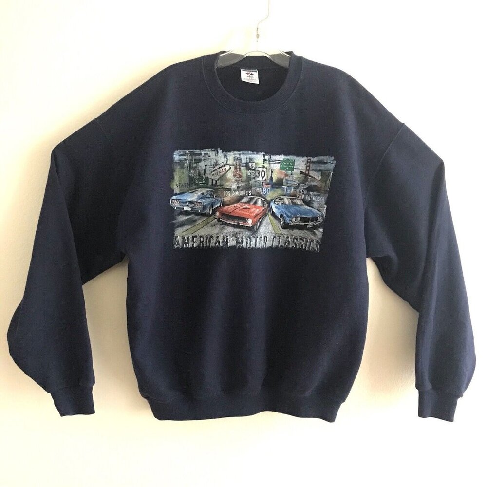 Jerzees Men's Sz L Graphic Sweatshirt American Motor Classic Top Shirt Navy Blue